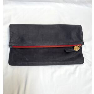Clare V Vivier Navy Blue Suede Leather Foldover Clutch Pouch Red Trim